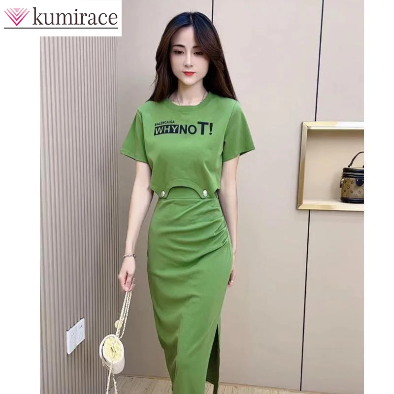 2023 Summer New Suit Women's Korean Letter-printed Short-sleeved T-shirt Medium and Long Slit Two-piece Set New in Matching Sets