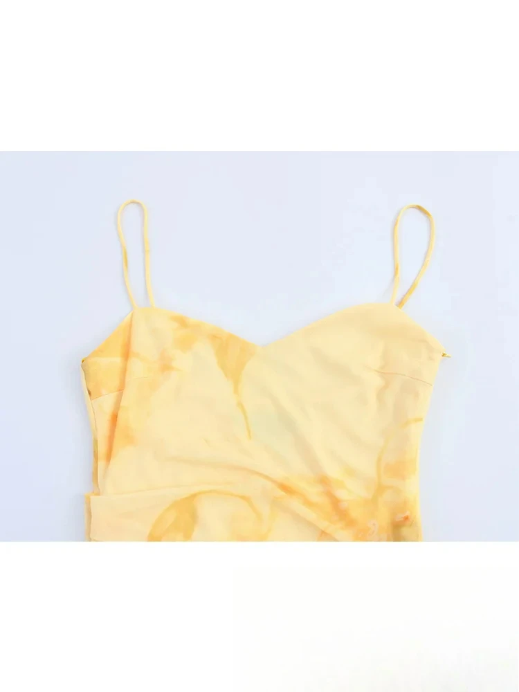 KONDALA Seksowna, elegancka sukienka damska na ramiączkach, żółty wzór, bez rękawów, siateczka, tiulowa, prosta sukienka typu vestidos, modna sukienka letnia na plażę 2025