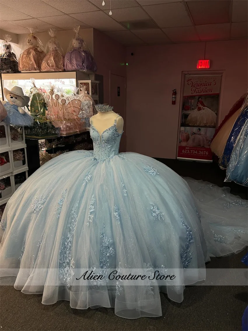 

Sky Blue Shiny Quinceanera Dresses Straps Ball Gown Sweet 16 Dress Applique Lace Tull Beads Birthday Party Vestidos Customized