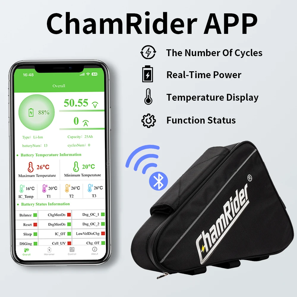 ChamRider Ebike 배터리 18650 셀, 48V, 72V, 60V, 52V, 삼각형 30AH, 40AH, 대용량 1500W, 2000W, 초강력 21700 Bafang