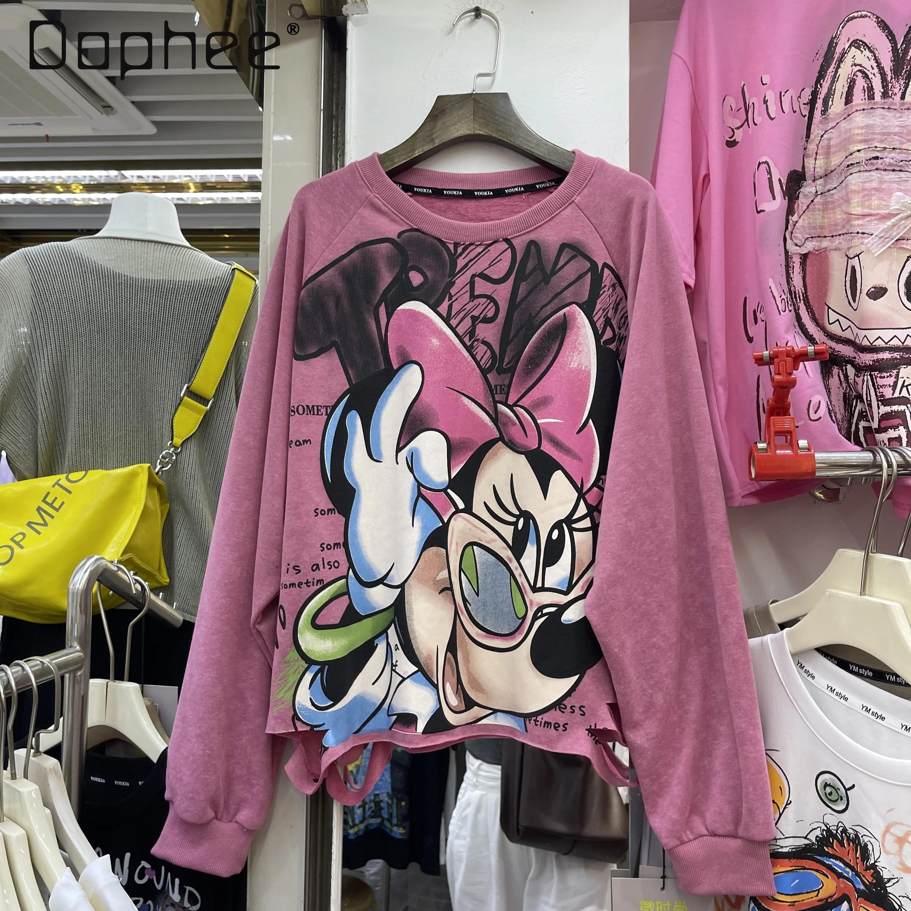 2025 ฤดูใบไม้ร่วงHeavyการ์ตูนพิมพ์หลวมผ้าฝ้ายรอบคอPulloverเสื้อแขนยาวผู้หญิงสีดําKawaiiเสื้อผ้า