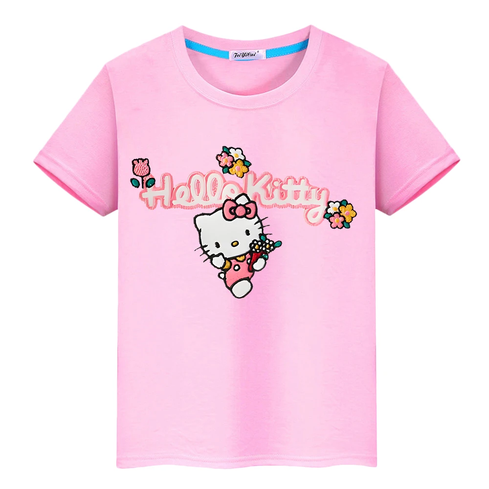 Camiseta con estampado de dibujos animados de hello kitty para niños y niñas, Tops cortos de Anime, ropa de una pieza y2k, 100% algodón, regalo de verano