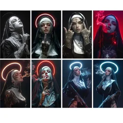 Christian Smoking Nun Canvas Painting Sexy Tattoo Machine Gun Nun Poster and Print Living Room Background Wall Home Decoration