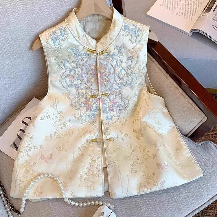 

2025 new style traditional chinese jacquard stand-up collar sleeveless embroidered vest retro elegant casual waistcoat vest top