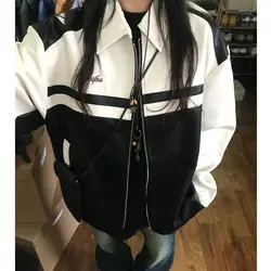 Fashion Trendy Black White Splicing PU Leather Jackets Coat for Women Autumn New Loose Casual Streetwear Motorcycle Biker Jacket