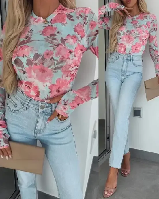 Women's Blouses Watercolor Floral Print O-Neck Long Sleeve Mesh Tee Slim Semi Sheer Layering Top with Thumb Hole Cuffs for Women