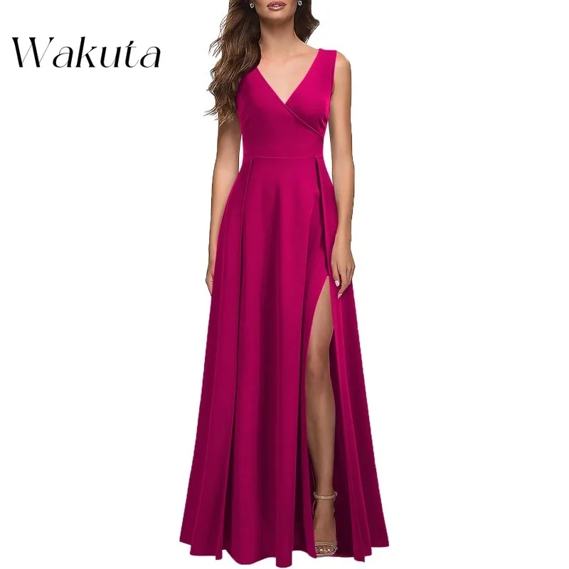 Wakuta Fashion Elegant V-Neck Sleeveless Solid Guest Dresses Classic Waist Slim High Split Cocktail Party Vestidos De Madrina