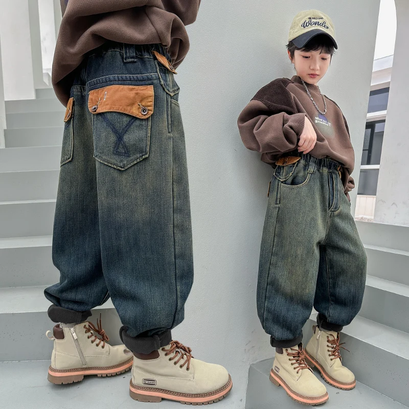 

Baby Boys Jeans With Pockets Design Teen Boy Denim Teenage Spring Autumn Long Trousers Toddler Deep Blue Jeans Toddler Age 4-14Y