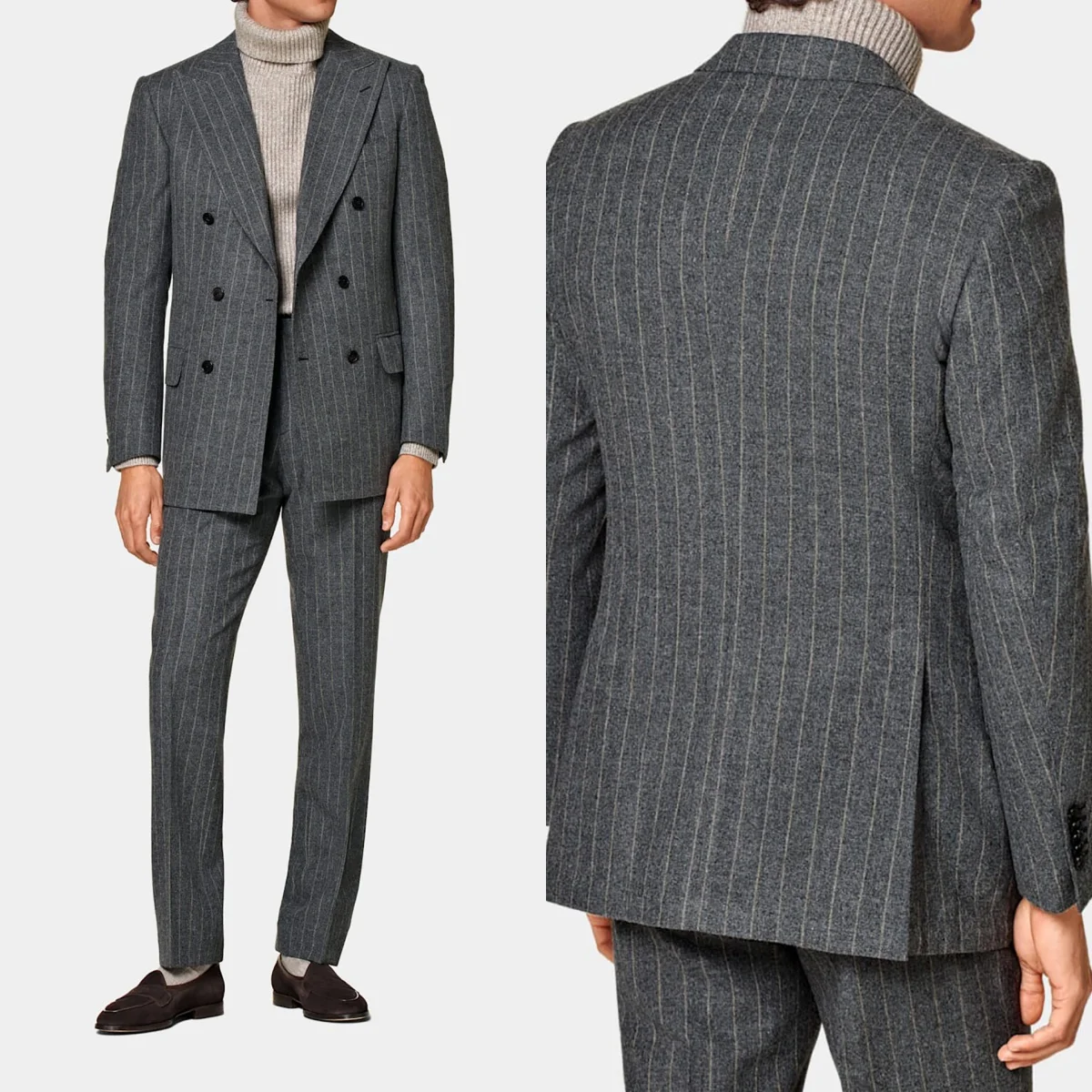 

Customized Woolen Men Wedding Tuxedos 2 Pieces Stripes Peaked Lapel Groom Wear Birthday Party Fashion Show Pants Suits
