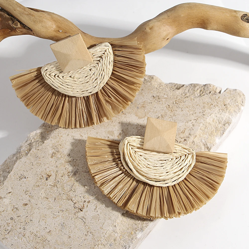 AENSOA Natural Raffia Woven Fan Shaped Drop Earrings for Women Lightweight Handmade Geometric Wooden Earrings Beach Jewelry Gift
