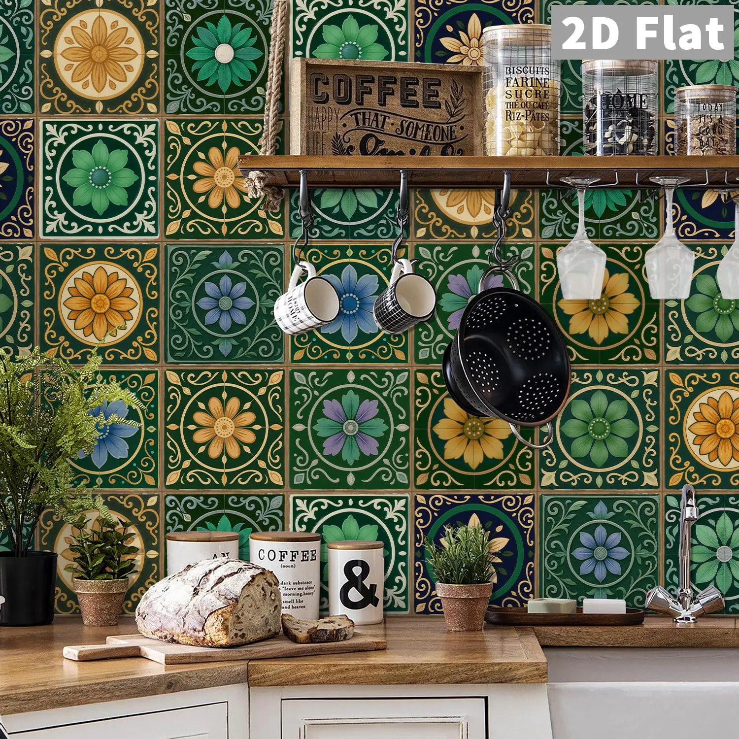 

Green retro floral self-adhesive tile stickers for kitchen, bathroom, living room background wall decoration