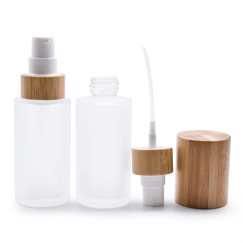 

Fine Mist Perfume Alcohol Spray Glass Bottle Flat Shoulder Frosted and Jar for Cosmetics for Oil Lotion Cream with Bamboo Lid