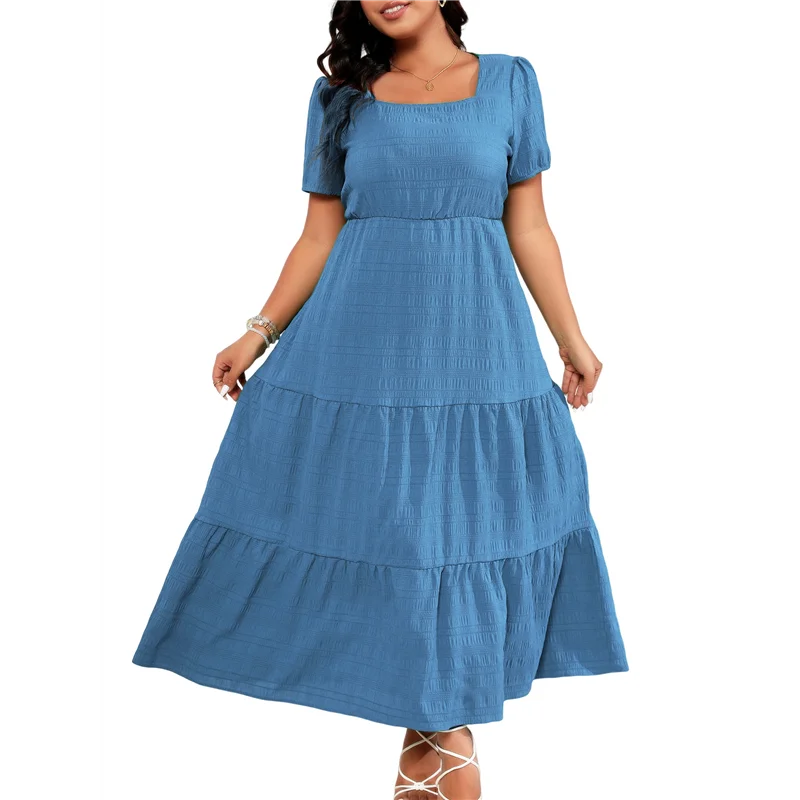 NUOVO-Vestito lungo da donna con scollo quadrato a strati, vestibilità ampia, casual, con schiena smockata, senza maniche, da spiaggia