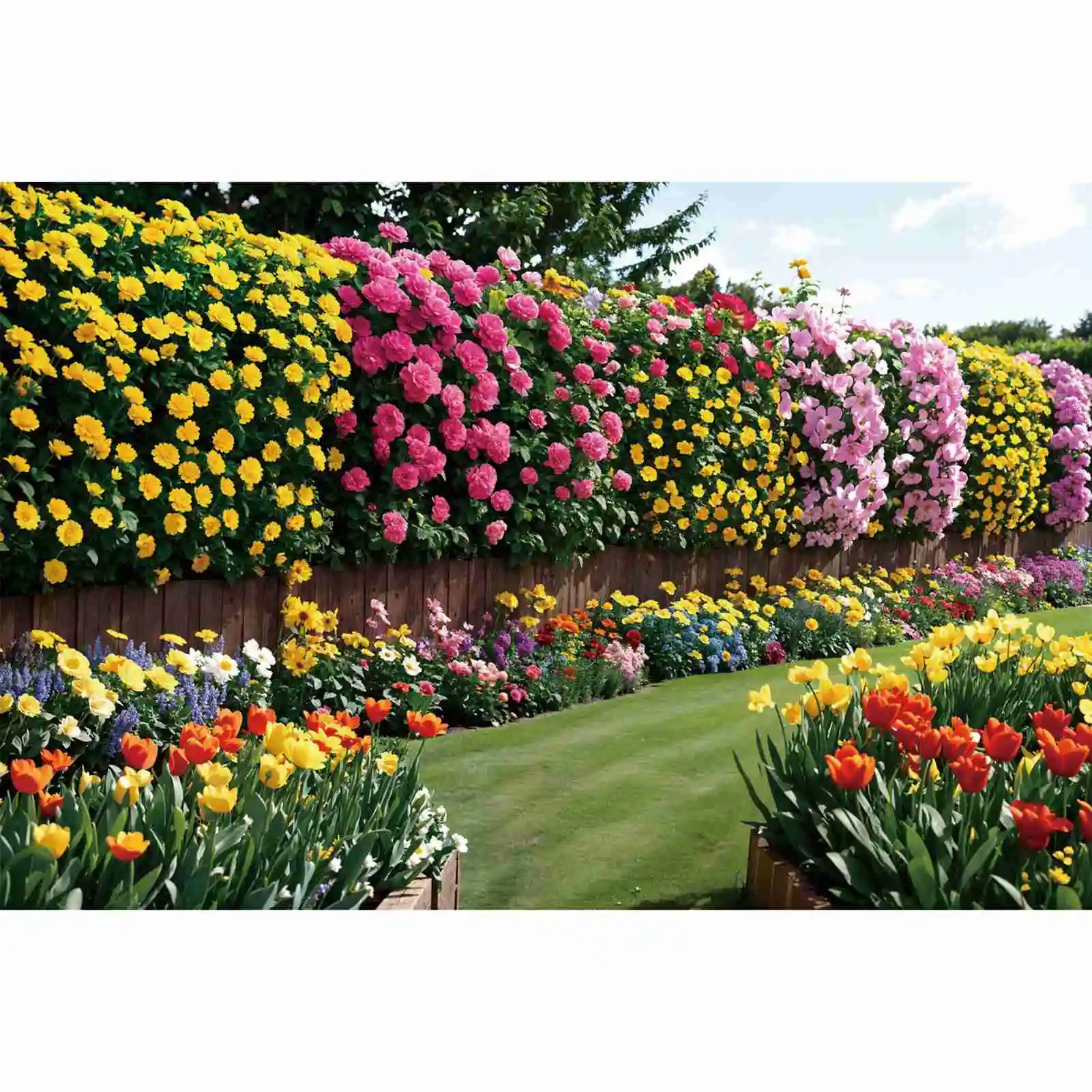 Fondos de fotografía personalizados para niños, flores de primavera, jardín, camino, pared de madera, paisaje, foto, pancartas