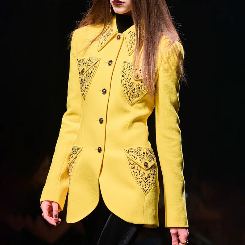 

Chic Women's Woolen Coat Autumn Winter Casual Lapel Rhinestone Slim Fit Elegant Yellow with Pockets