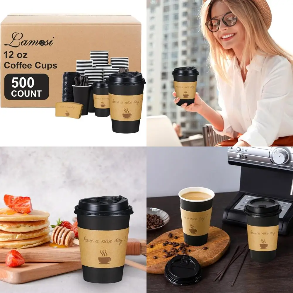 

Одноразовые бумажные кофейные чашки с крышками, 12 унций, упаковка по 500 штук, чашки для горячих напитков, палочки для перемешивания, рукава для напитков на вынос, большой объем