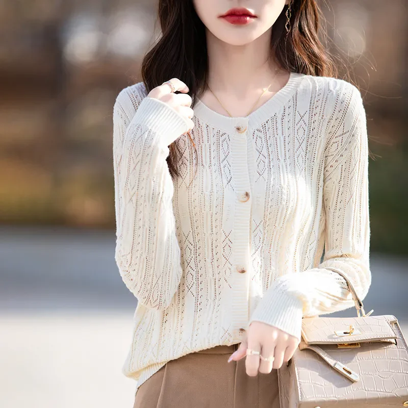 

Spring Summer New Features Knitted Cardigan Women O-Neck Sun Protection Thin Hollow Out Loose Tops Long Sleeves Knitwear T1339