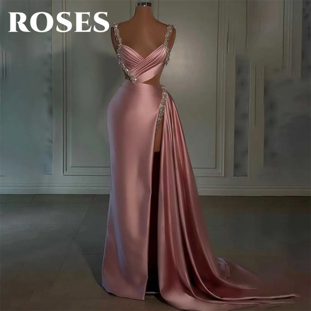 

ROSES Pink Prom Dresses Scoop Mermaid Evening Dresses Sleeveless Spaghetti Strap Party Dress with Pleats Satin Robe De Soirée