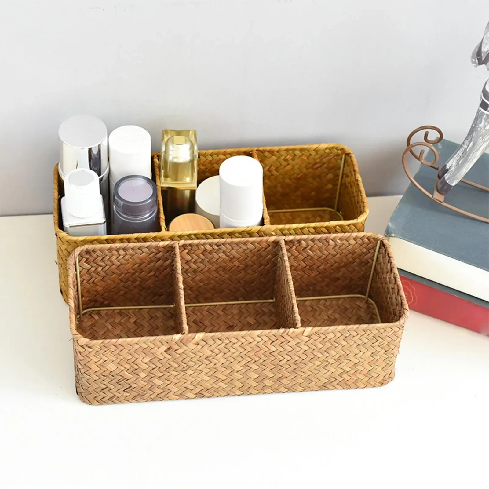 Handwoven Basket 3-grids Vintage Toilet Paper Container Box Desk Partition Baskets for Remote Control Stationery Toiletry