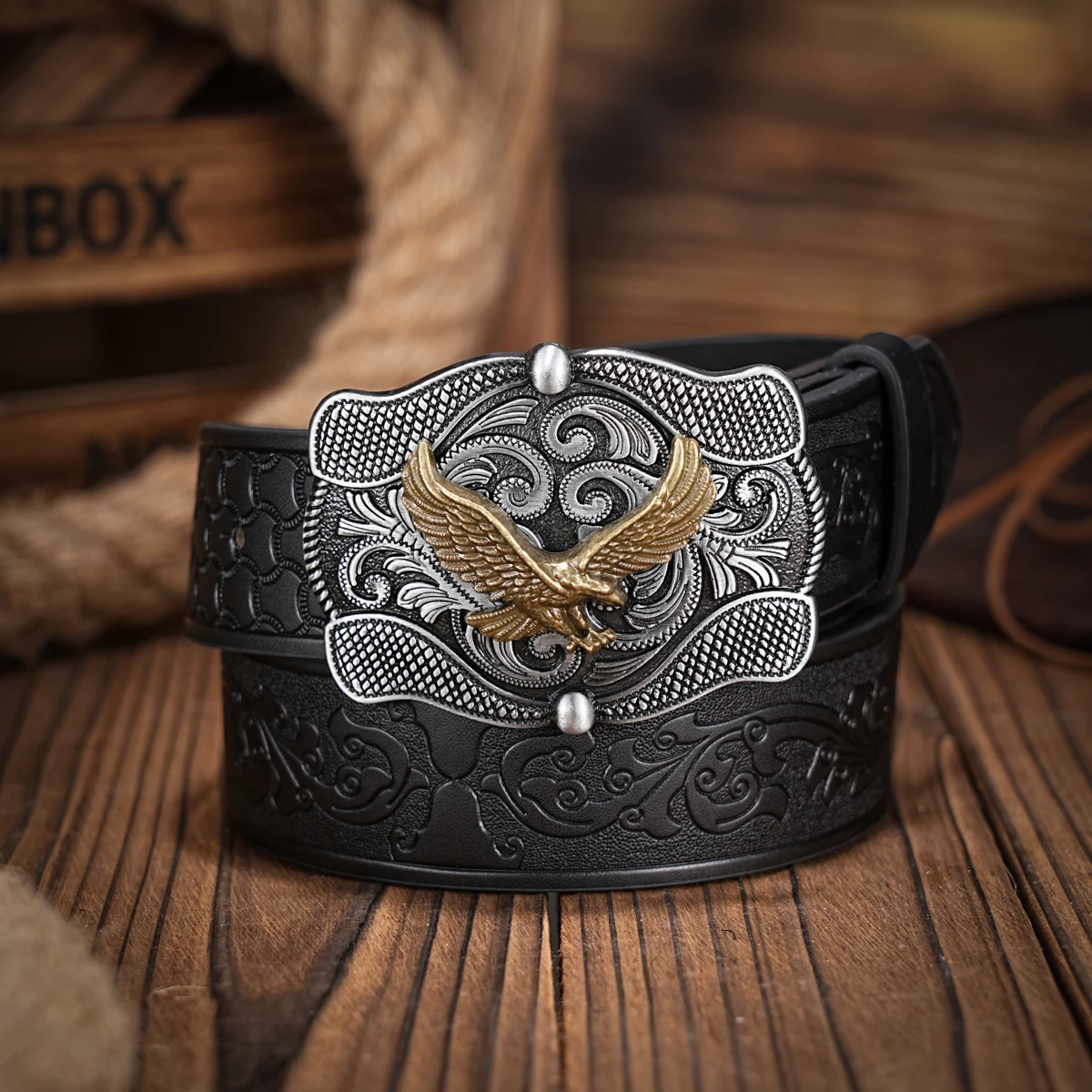 

Western denim PU Belt - men's decorative printed carved denim waistband