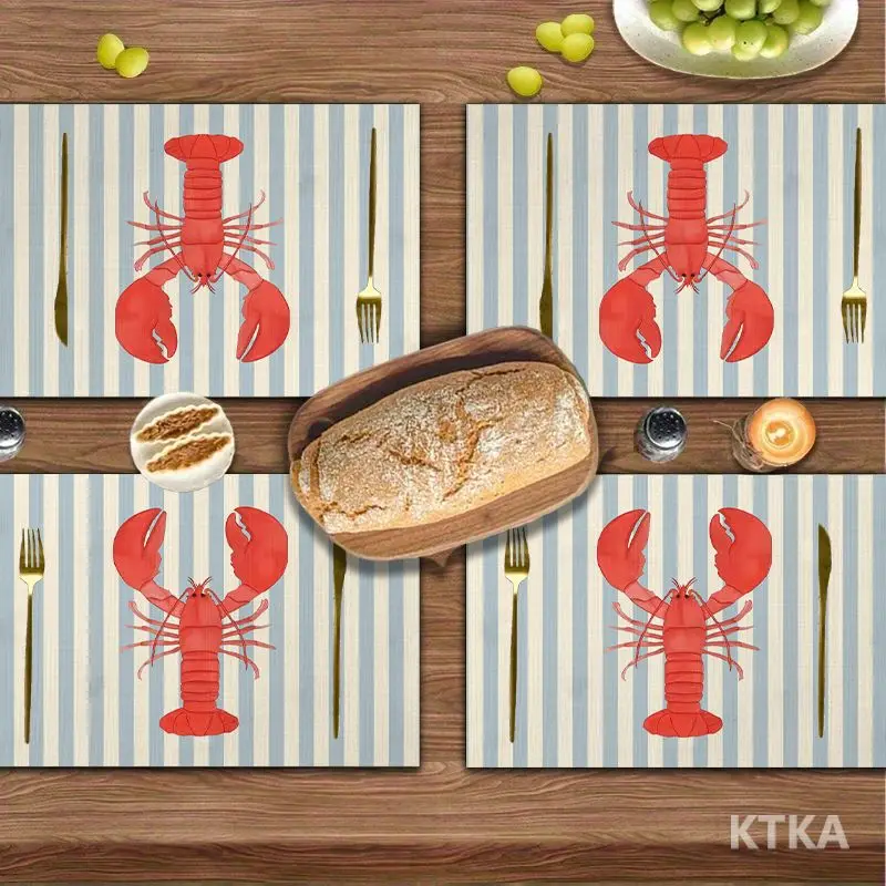 4Pcs, Blue and White Striped Lobster Placemats, the Best Placemats, Washable, Suitable for Holiday Parties, Home Decor, Kitchen