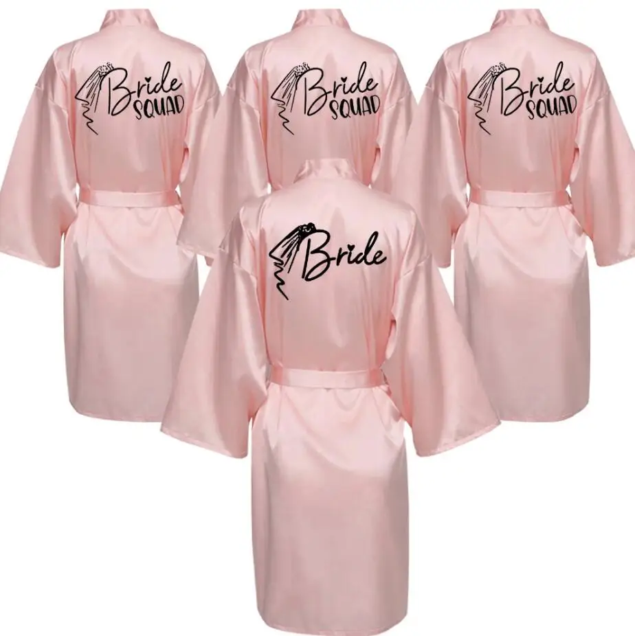 

Wedding Party Team Bride Robe With Black Letters Kimono Satin Pajamas Bridesmaid Bathrobe SP033