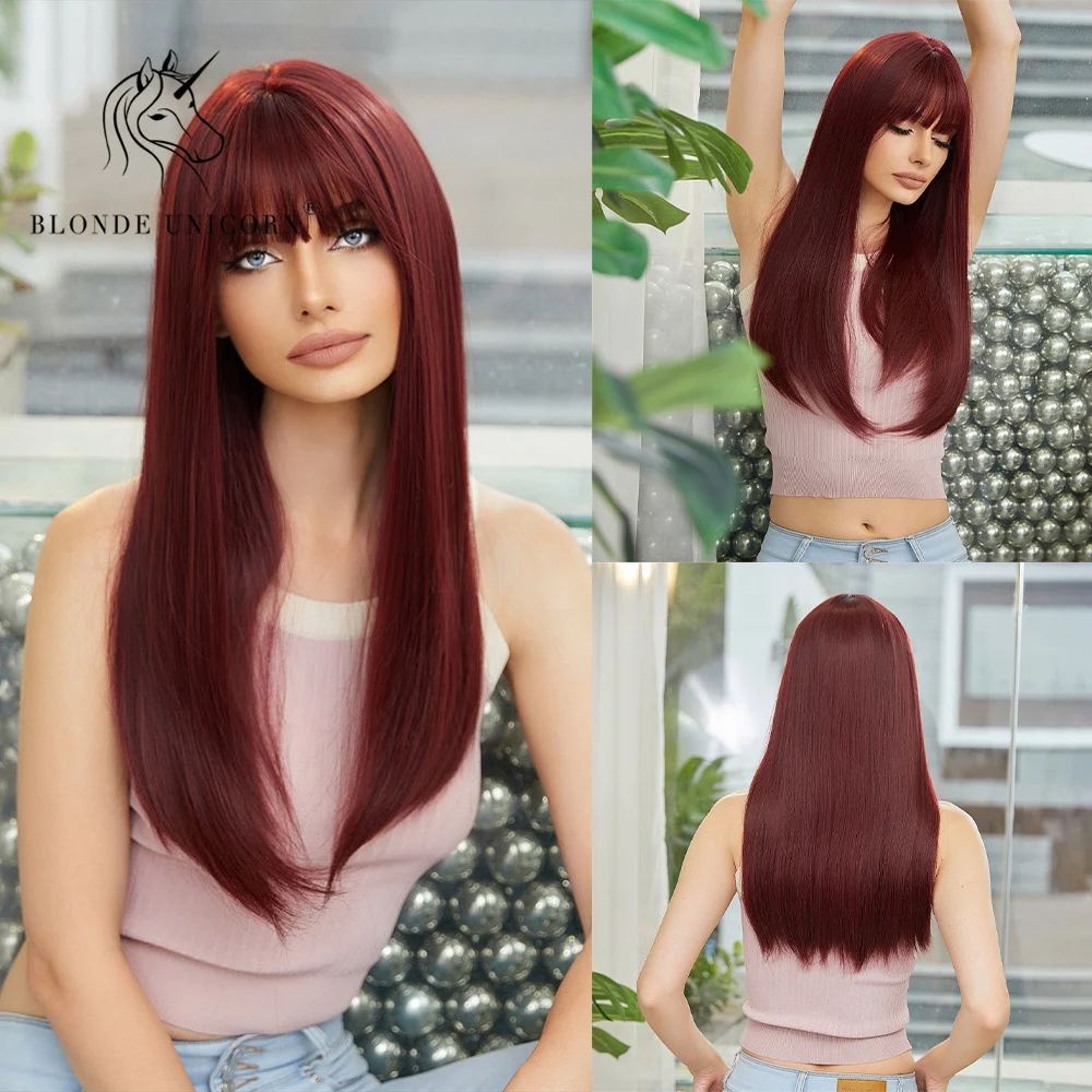 

Blonde Unicorn Cherry Red Synthetic Wig Long Straight Wigs with Bangs Cosplay Party Daily Use Heat Resistant Fiber for Women