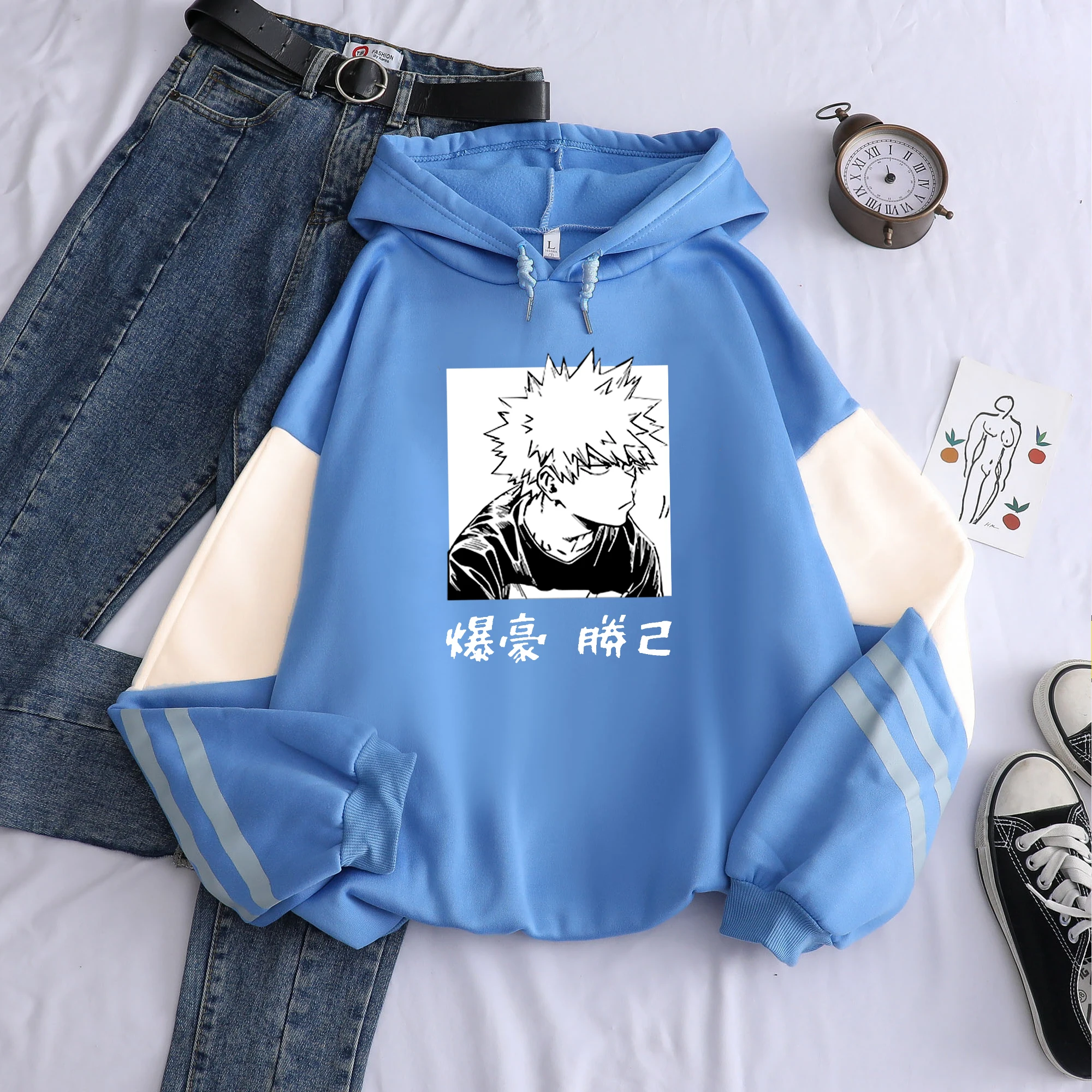 My Hero Academia Katsuki Bakugo Color Matching Hoodie Sweatshirt Harajuku Character Pullover Anime Printed Clothes Unisex Winter