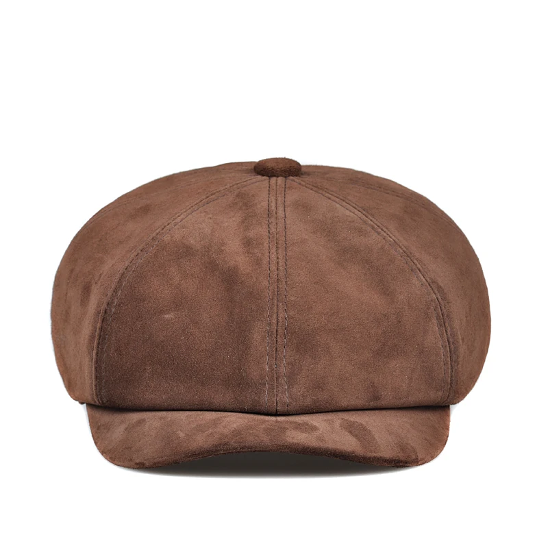 Suede Octagonal Hat Men England Male Spring Winter Real Leather Beret Caps Newsboy 1 Buttons Casual Streetwear Peaked Bonnet