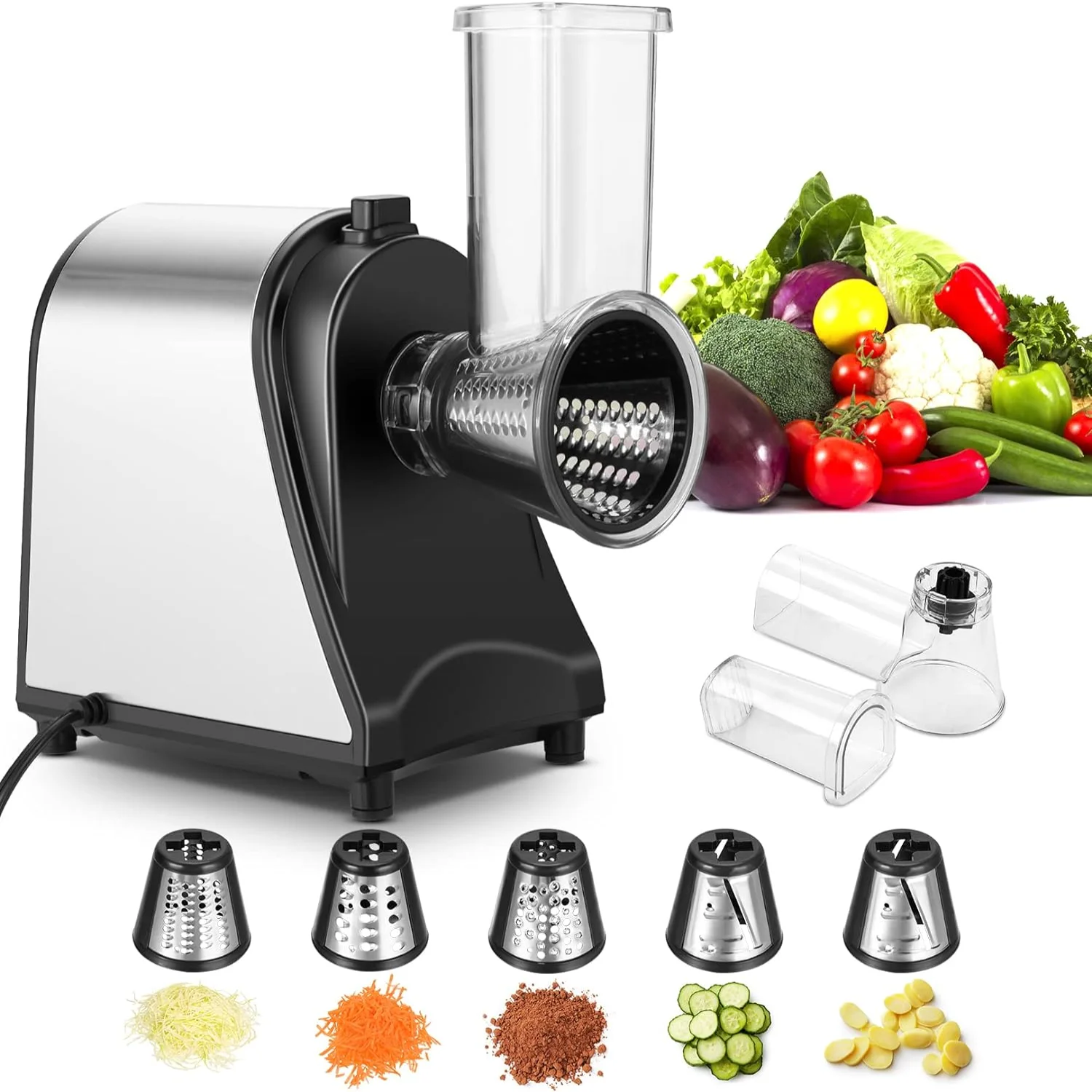 Cheese Grater 250W Professional Slicer Shredder with One-Touch Control and 5 Free Attachments - Upgraded Salad Maker Machine for