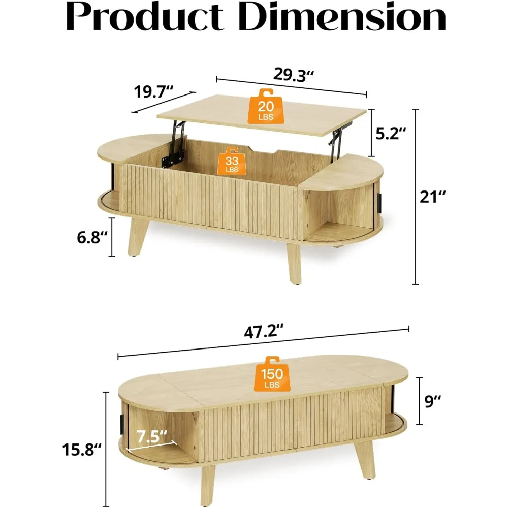 Mesa de centro moderna de madera estriada con almacenamiento superior elevable, muebles de sala de estar de 47,2 pulgadas, 180 °   Parte superior deslizante para versatilidad