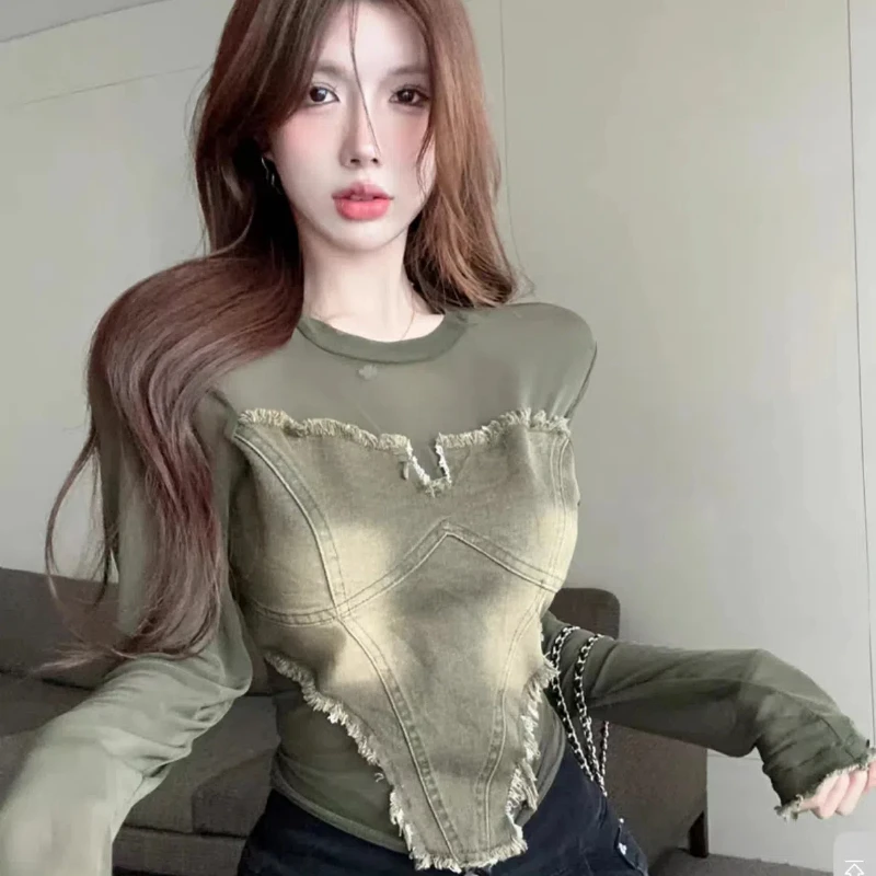 Spring Summer Breathable Net Yarn Spliced Fake Two T-shirt Pieces Korean Version Slim Crop Top Long Sleeve High Street Pullover