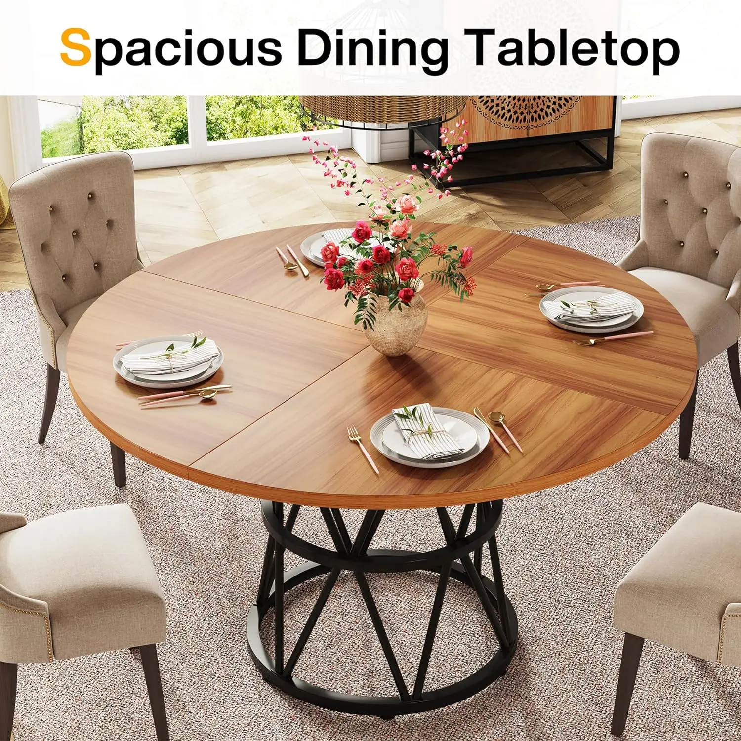 Round Dining Table for 4, 47 Inches Kitchen Table Circle Dinner Table,Wood Dining Room Table for Kitchen Living Room, Metal Base