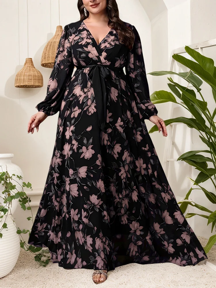 Gibsie plus size floral impressão com decote em v vestido com cinto feminino primavera e outono boêmio férias manga longa elegante maxi vestidos