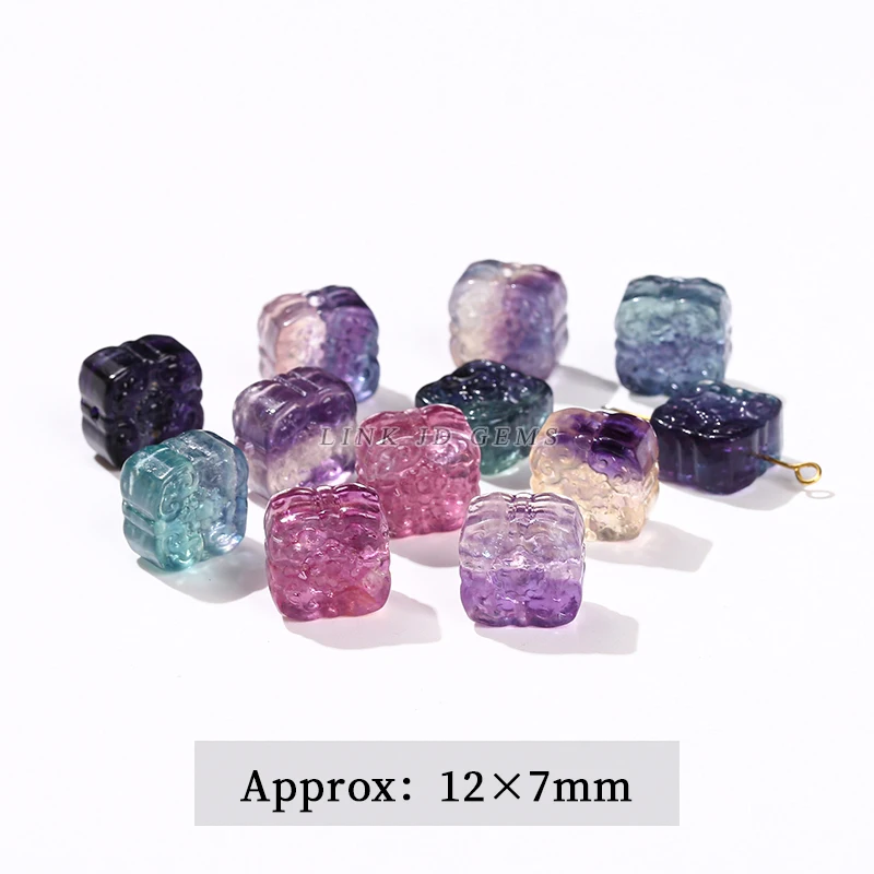 10 teile/los natürliche Fluorit kristall geschnitzte Tiere formen Reichtum quadratische Blume Glück Pixiu süße Perle mit Loch für die Schmuck herstellung – Detail 5
