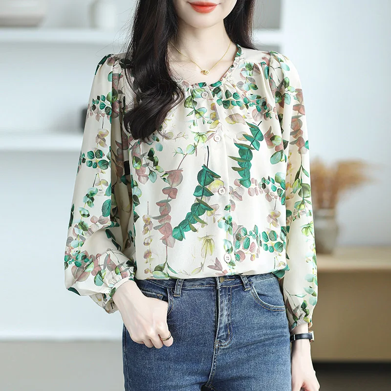 Women\'s Clothing Chic Print O-neck Long Sleeve Shirt Autumn Casual Loose All-match Chiffon Blouses Office Lady Elegant Sweet Top