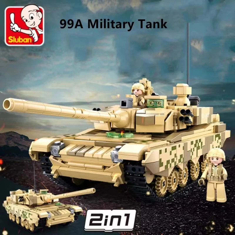 Sluban WW2 Military Army 99A Main Battle Tank Model Building Blocks Soldier Bricks World War II Weapons 6B Tank Toys Gift Boy