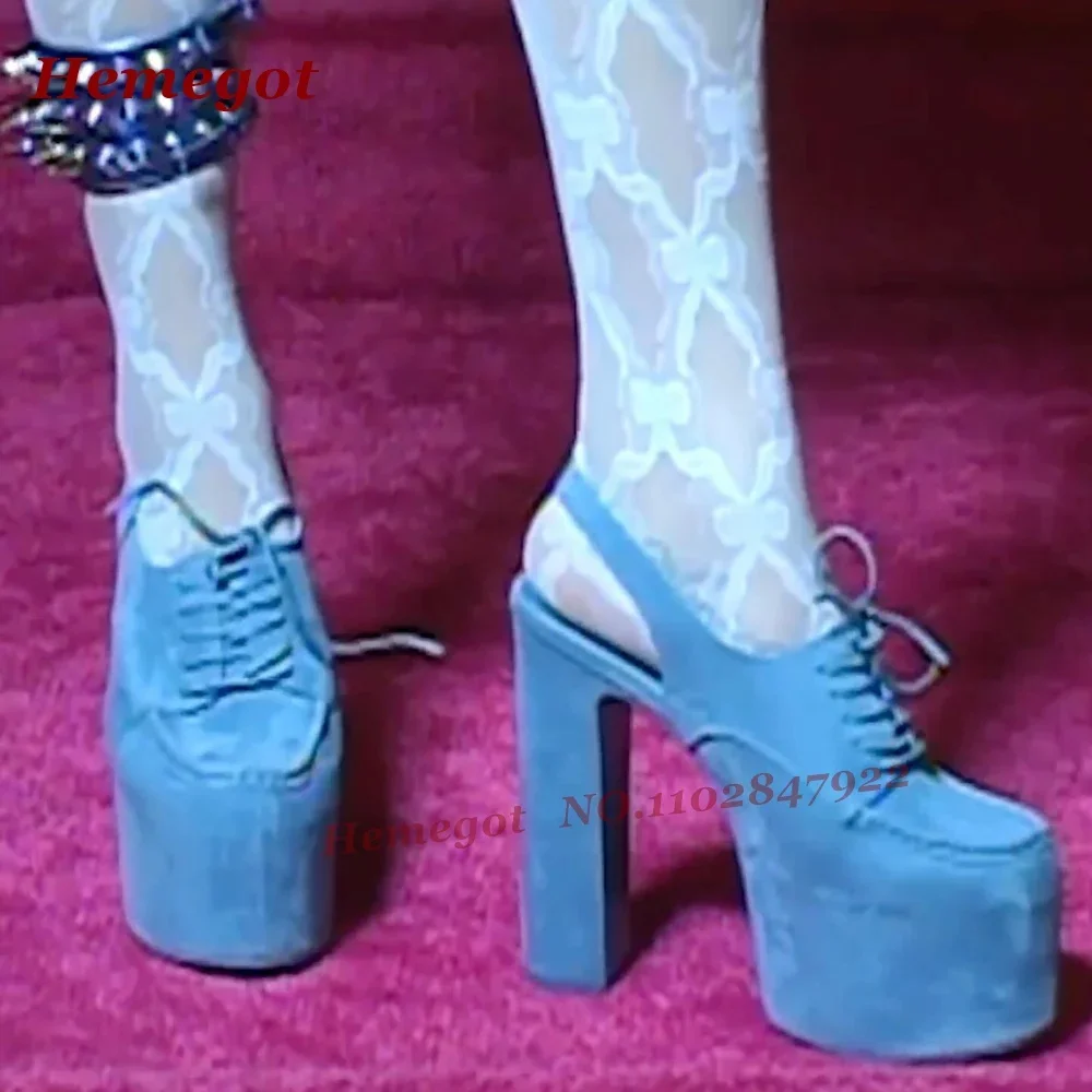 

Женские туфли-лодочки с круглым носком и перекрестной завязкой, босоножки на блочном каблуке с открытой пяткой на платформе, лето-осень, синие туфли на высоком каблуке для подиума и вечеринки, 2025 г.