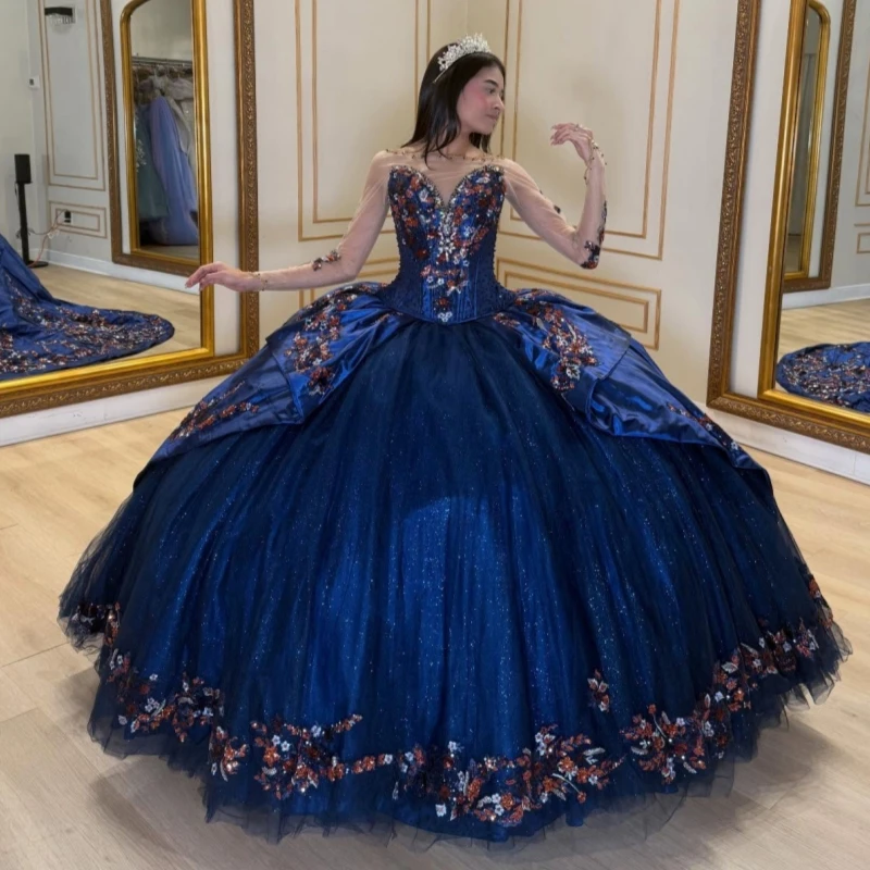 

Темно-синие блестящие платья Quinceanera с открытыми плечами и блестками, аппликация, кружево, бисер, кристалл, тюль, корсет, вечерние, день рождения, сладкий