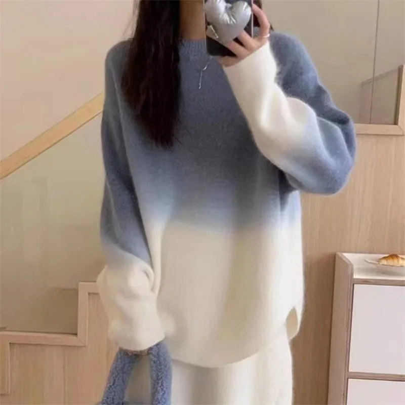 Korean Fashion Gradient Sweater Woman Pullovers Loose O Neck Knitwear Jumper Female Long Sleeve Soft Knit Women Sweater