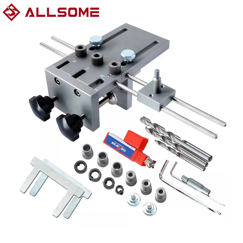 Allsome 3 en 1 Kit de localizador de guía de taladro de plantilla para tacos, autocentrado para carpintería de 6/8/10mm, aleación de aluminio 6061