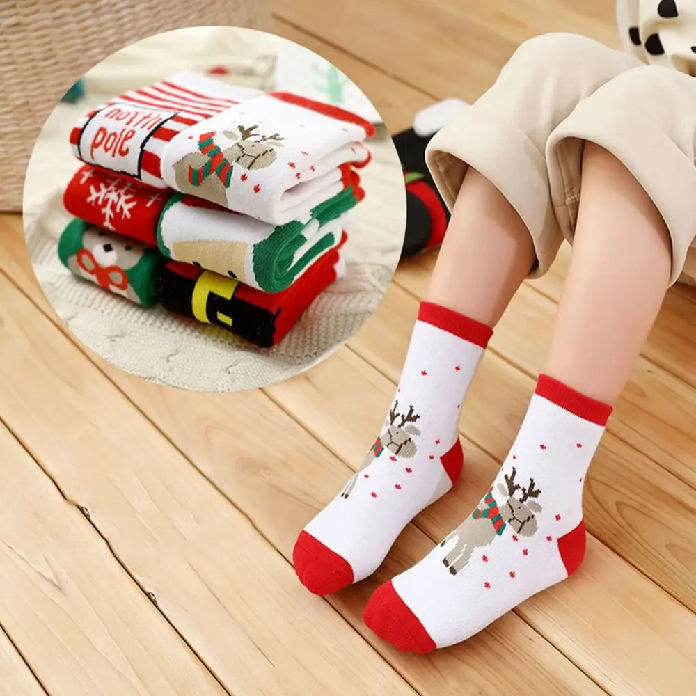 

Cute Cotton Children Christmas Socks Elk Snowman Cartoon Hosiery Santa Claus Korean Style Mid-Tube Socks Girls
