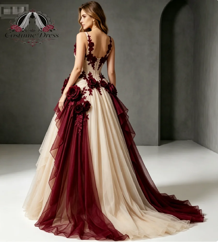 Burgundy Rose Floral Gothic Wedding Gowns Two Tone Champagne Alternative Ruffles Romantic Halloween Bridal Dress Asymmetrical