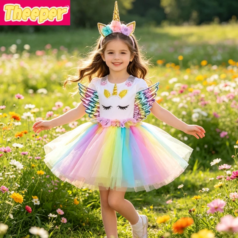 

Dreamy Pony Themed Tutu Dress Soft Pastel Flower Embellishments Matched Wing Accessory for Themed Parties and Festive Dress-Up
