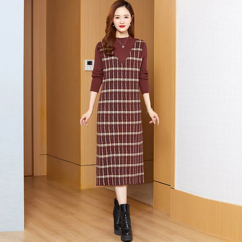 Winter French Fashion Elegant Striped Dresses Office Lady Slim Simple All-match Soft Comfortable Long Sleeve Sweater Vestidos