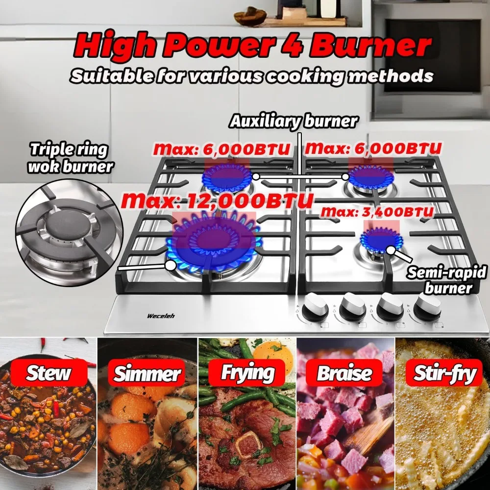 Table de cuisson à gaz 4 brûleurs, dessus de cuisinière à gaz intégré de 24 pouces, tables de cuisson au double carburant au propane, cabriolet NG/GPL, acier inoxydable haute puissance