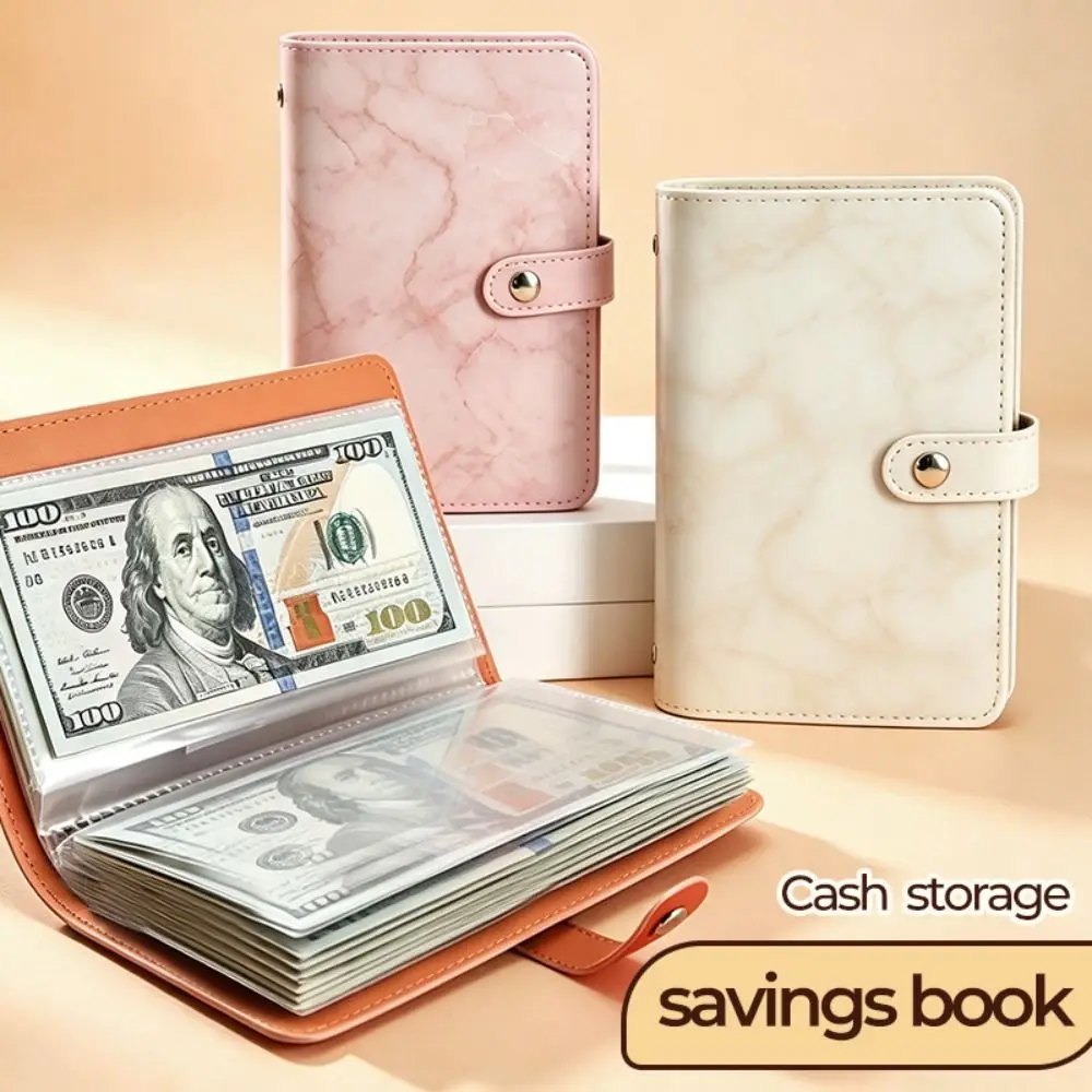 PU Cash Deposit Book Snap Button Design 100 Pockets Cash Saving Book Marble Patterns A6 Savings Binder Cash Envelope System
