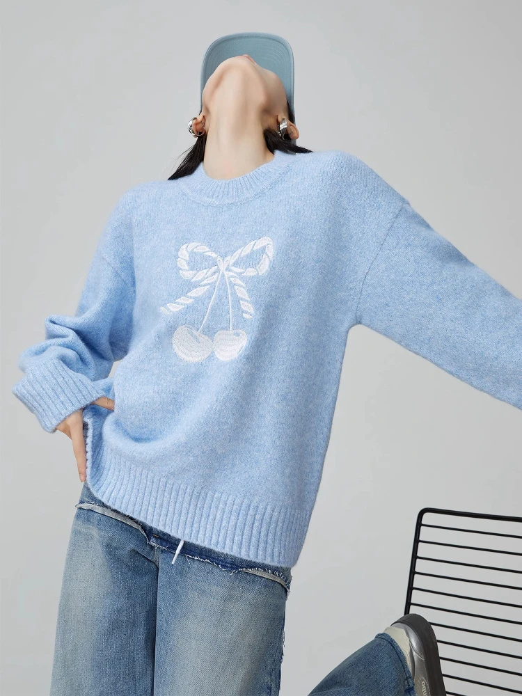 

Синий вишневый круглый пуловер с вышивкой Ne, вязаный свитер, женский модный весенний новый свободный крой, длинный топ све