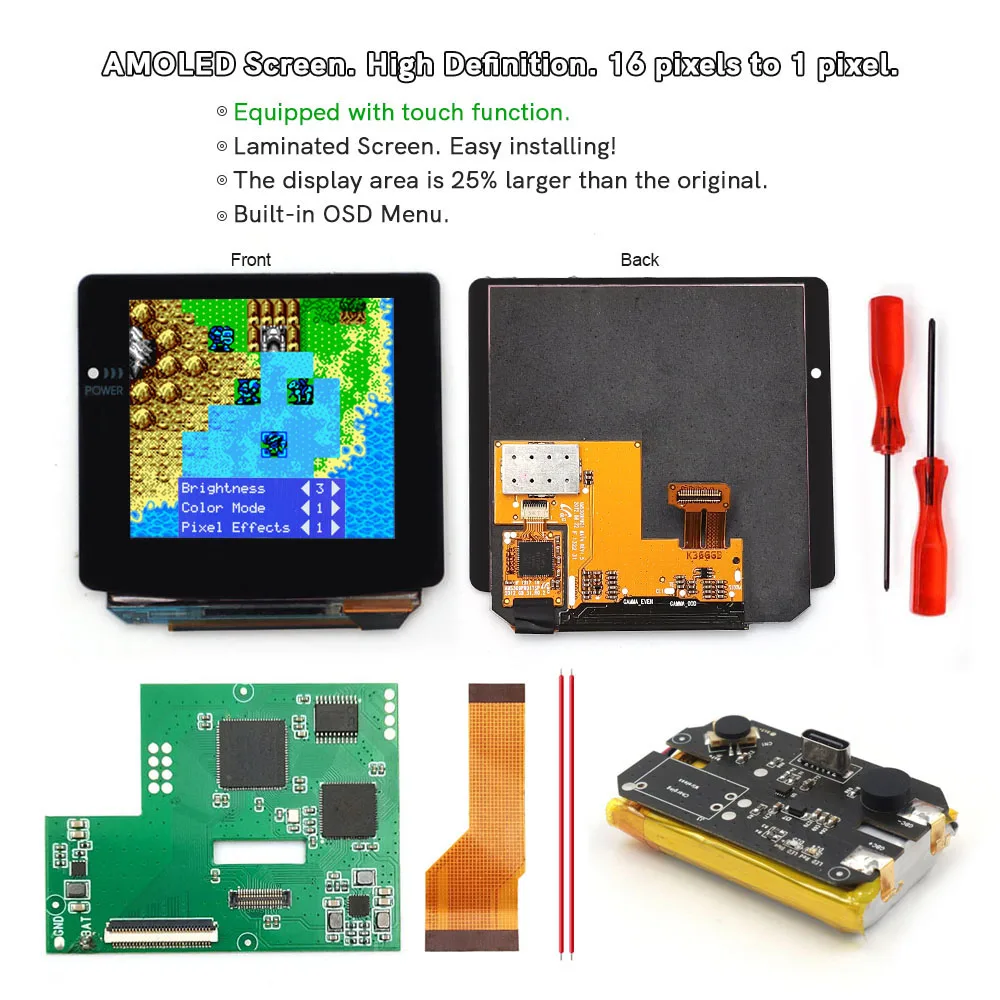 Tela oled recarregável tipo c, tela amoled laminada por toque, para gbc gameboy color com bateria de lítio pré-cortada