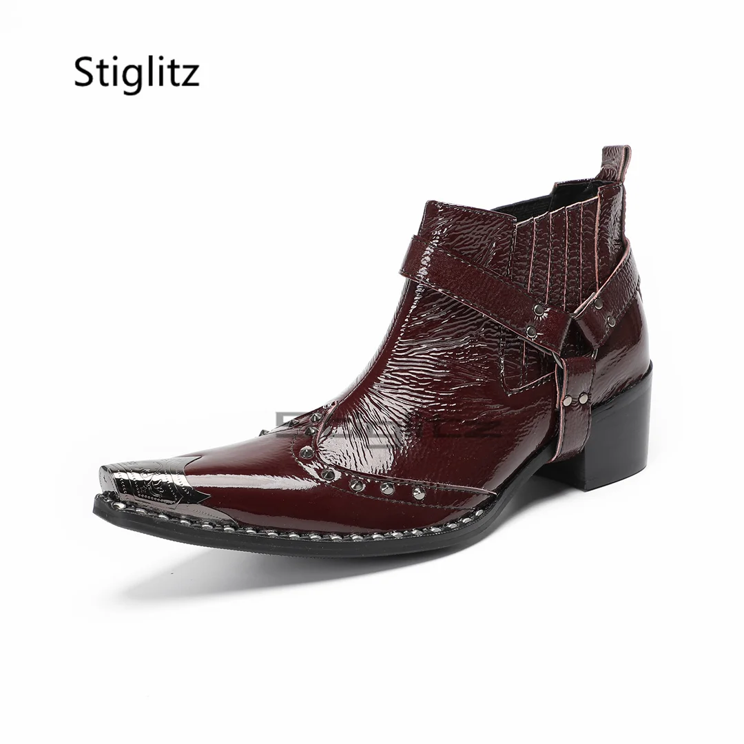

Men's Burgundy Rivet Chelsea Boots Metal Toe Buckle Strap High Heels Ankle Boots Genuine Leather Autumn Winter Business Shoes